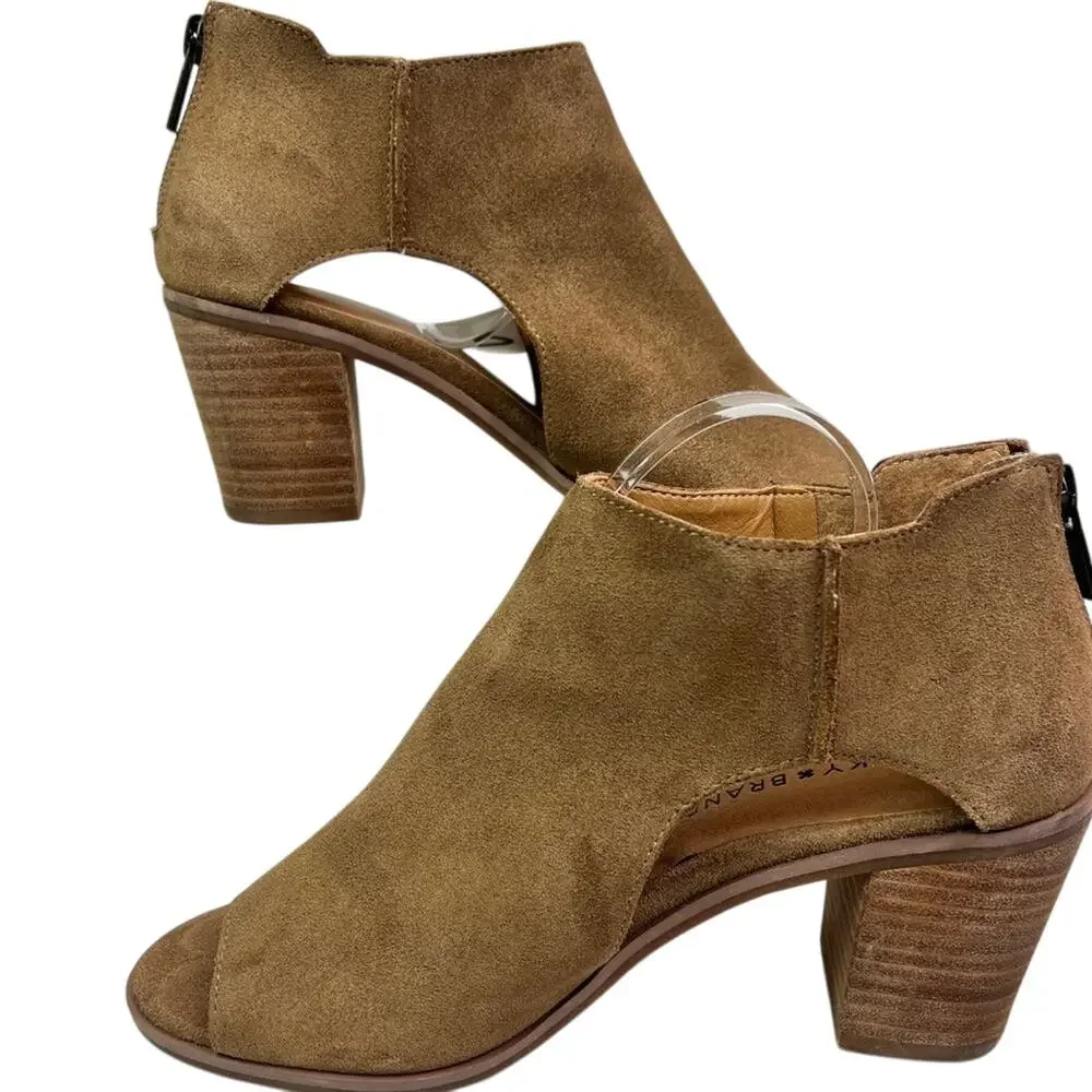 Lucky Brand Ankle Booties Womens 6.5 M Brown Keight Stacked Heel Open Toe Suede